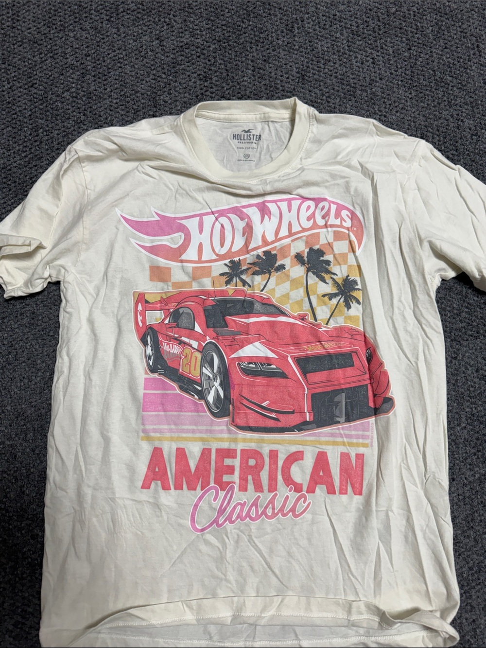 Hollister Cream Short-Sleeve Hot Wheels Graphic Tee with Pink & Red Accents